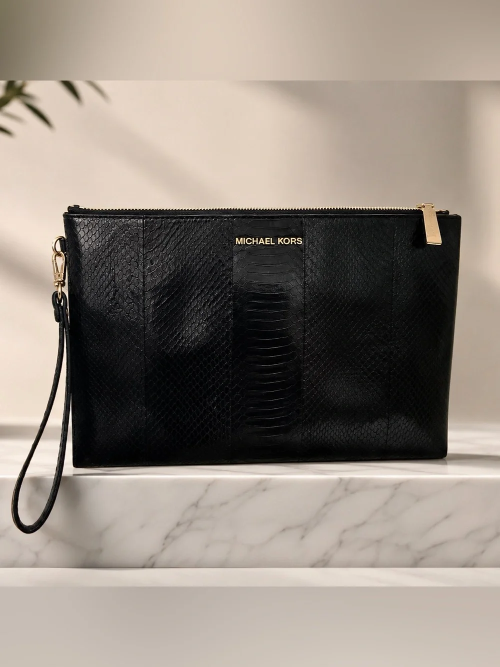 Michael Kors Black Croc Embossed Leather Wristlet Clutch with Gold Logo